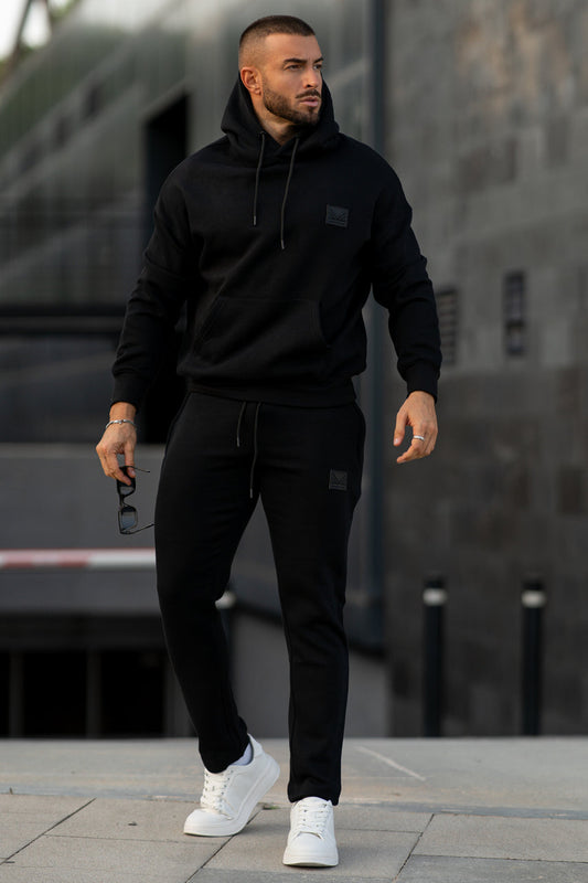 All Black Dropshoulder Cotton Tracksuit-Black