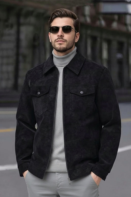 Suede Faux Leather Jacket - Black