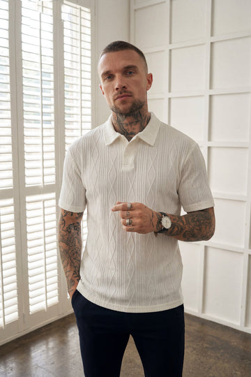 Lightweight CableKnit Texture Polo - Rich White