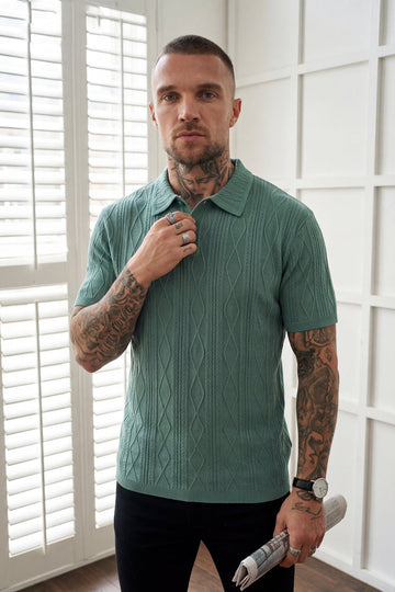 Lightweight CableKnit Texture Polo - Pine Green