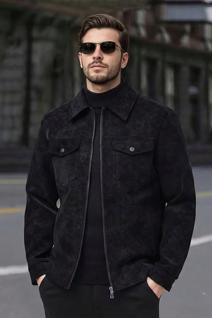 Suede Faux Leather Jacket - Black