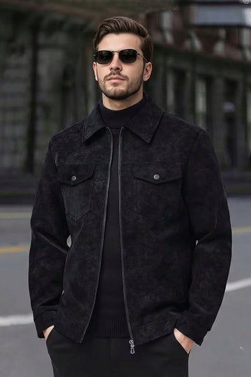 Suede Faux Leather Jacket - Black