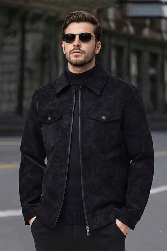 Suede Faux Leather Jacket - Black