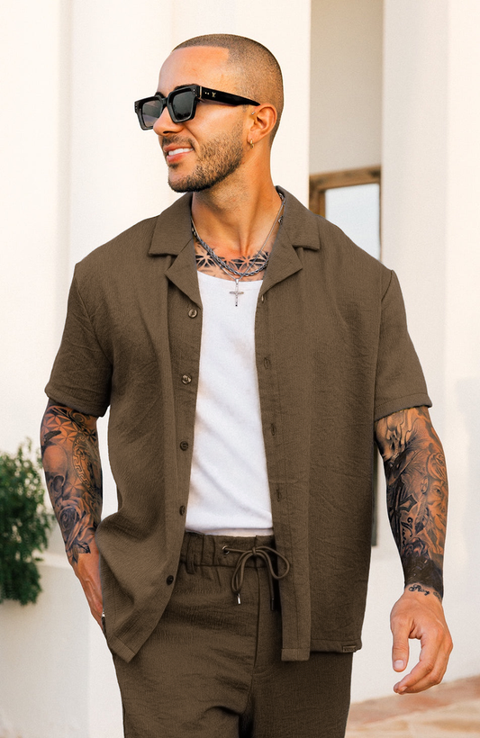 Monaco Crinkle Textured  Poly Cotton Shirt - Coffee