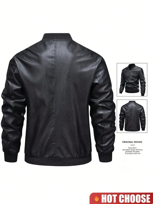 Biker Baseball Leather Jacket - Black