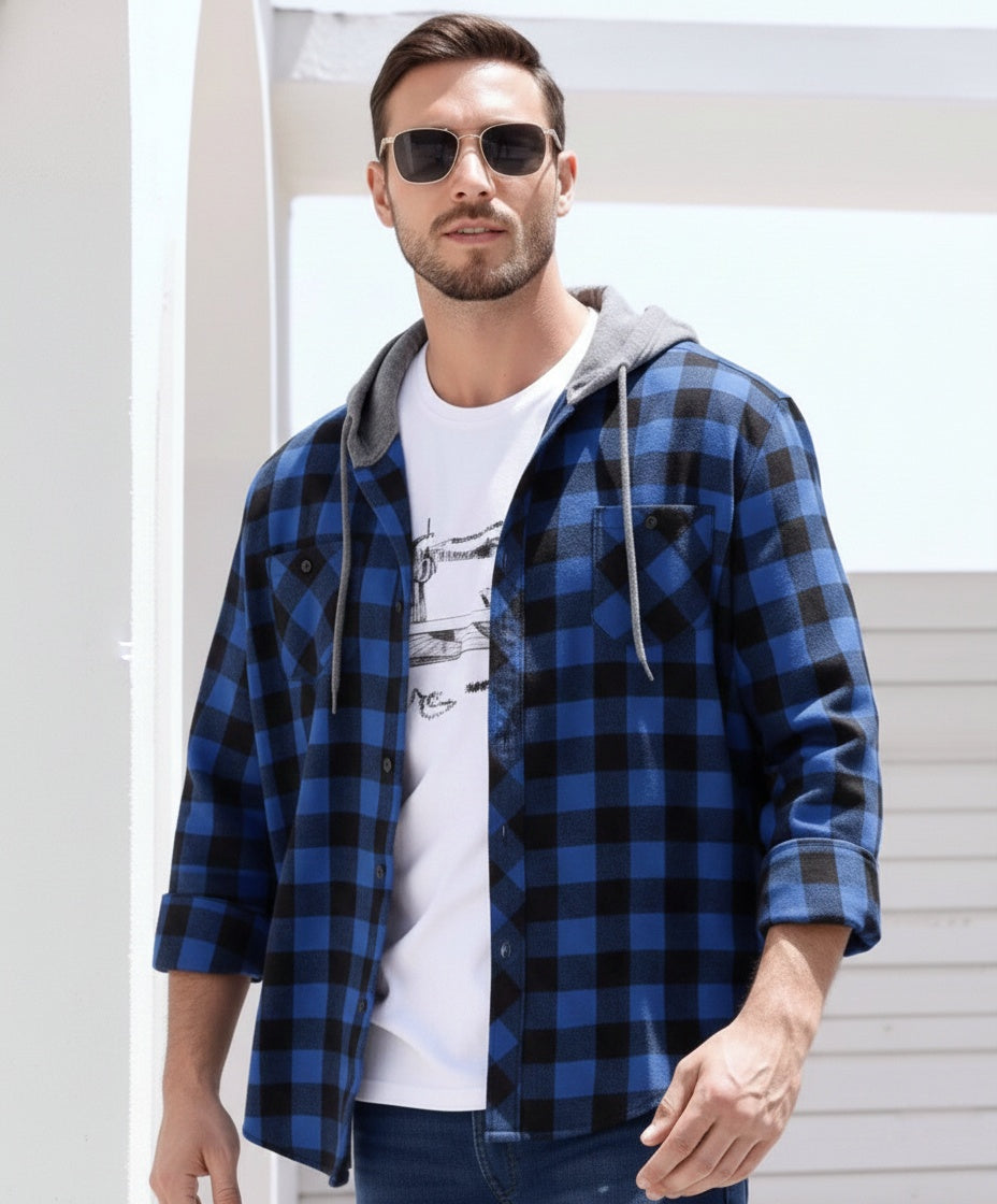 Flannel Hooded Shacket - Blue