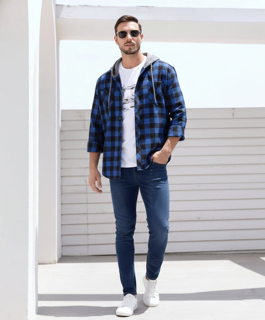 Flannel Hooded Shacket - Blue