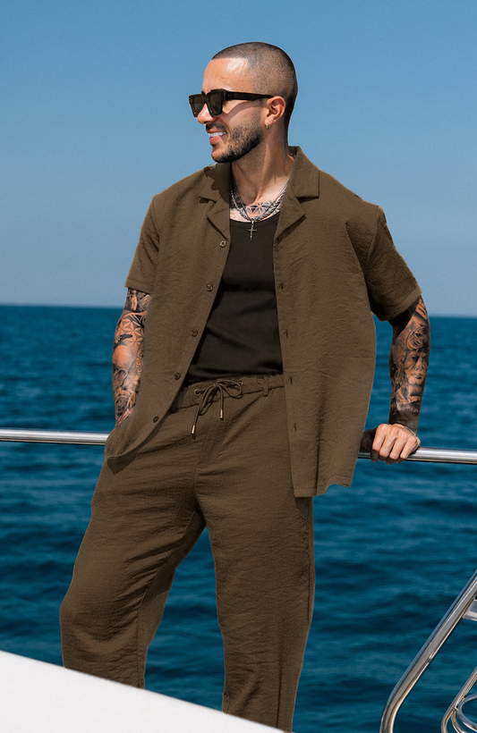 Monaco Crinkle Textured  Poly Cotton Shirt - Coffee