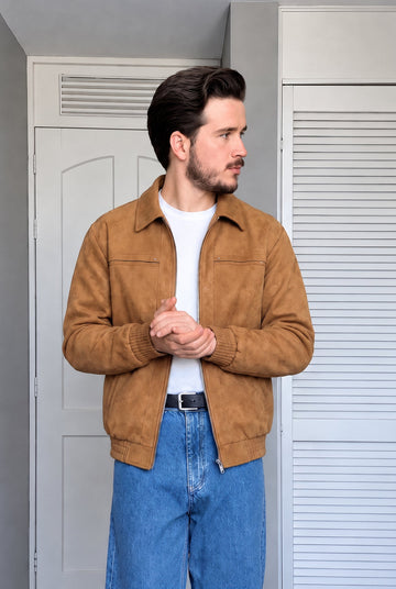 Suede Faux Leather Jacket - Camel