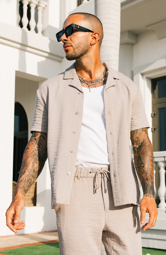 Monaco Crinkle Textured  Poly Cotton Shirt - Sand