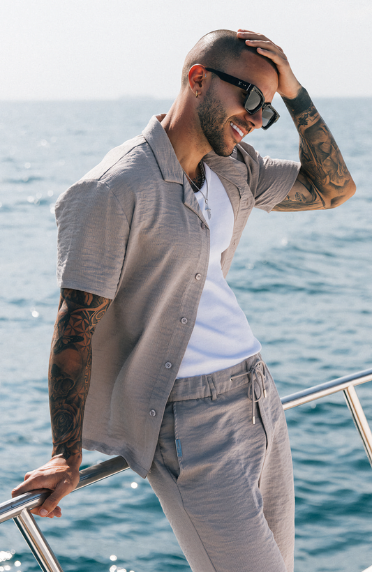 Monaco Crinkle Textured  Poly Cotton Shirt - Sand