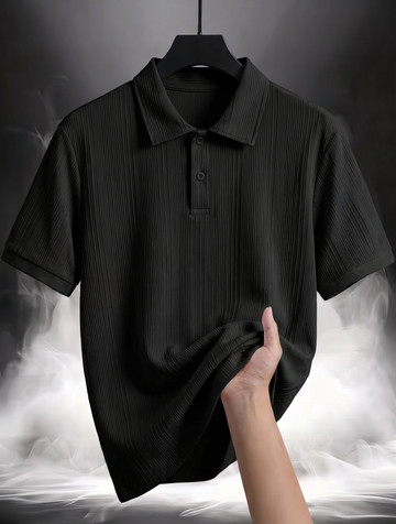 CableKnit Straight Texture Polo - Black
