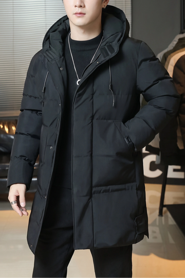 Black long jacket with hidden rib, removable hood