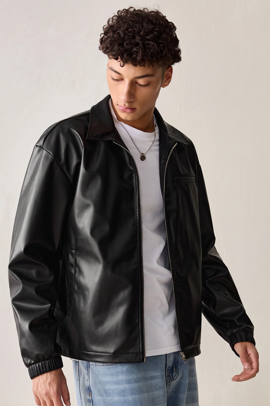 Black leather Jacket with bon pocket, silver brass zip,