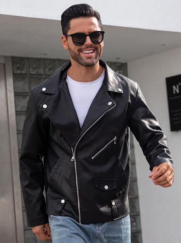 JS-34 Black leather jacket with silver shine metal zip