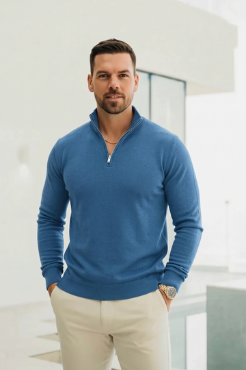 Mockneck Zip Sweater - Silver Blue