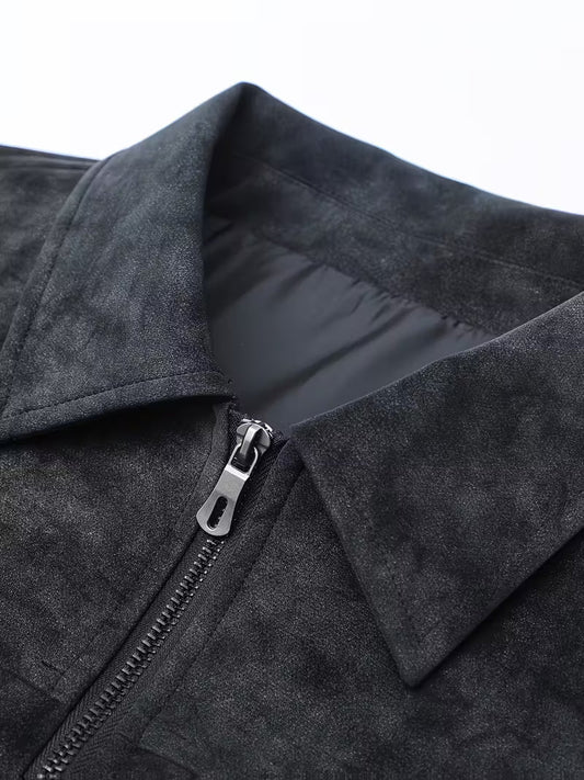 Suede Faux Leather Jacket - Light Grey Twotone