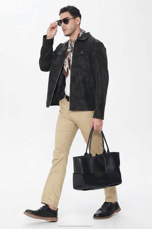 Suede Faux Leather Jacket - Grey Twotone