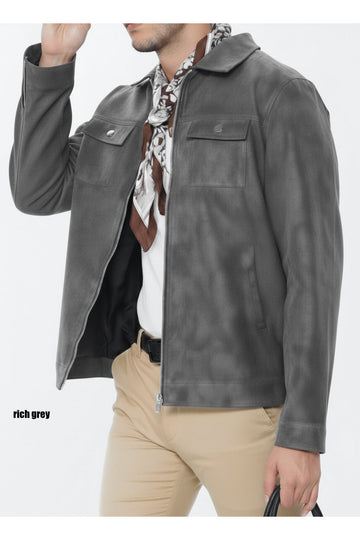 Suede Faux Leather Jacket - Grey Twotone