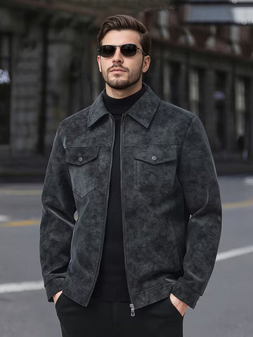 Suede Faux Leather Jacket - Light Grey Twotone