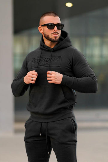 Embossed Cotton Hoodie - Black