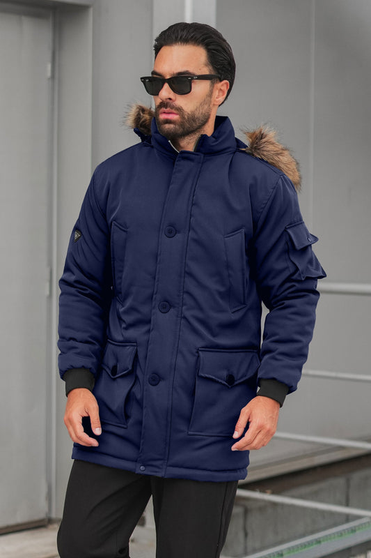 Imported Parka Long Coat - Navy (removable hood)