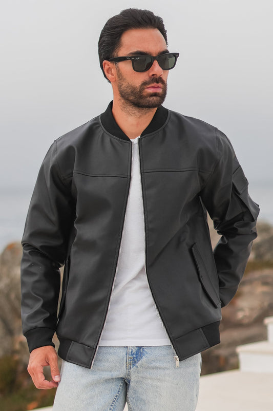 Leather Cargo Jacket - Black